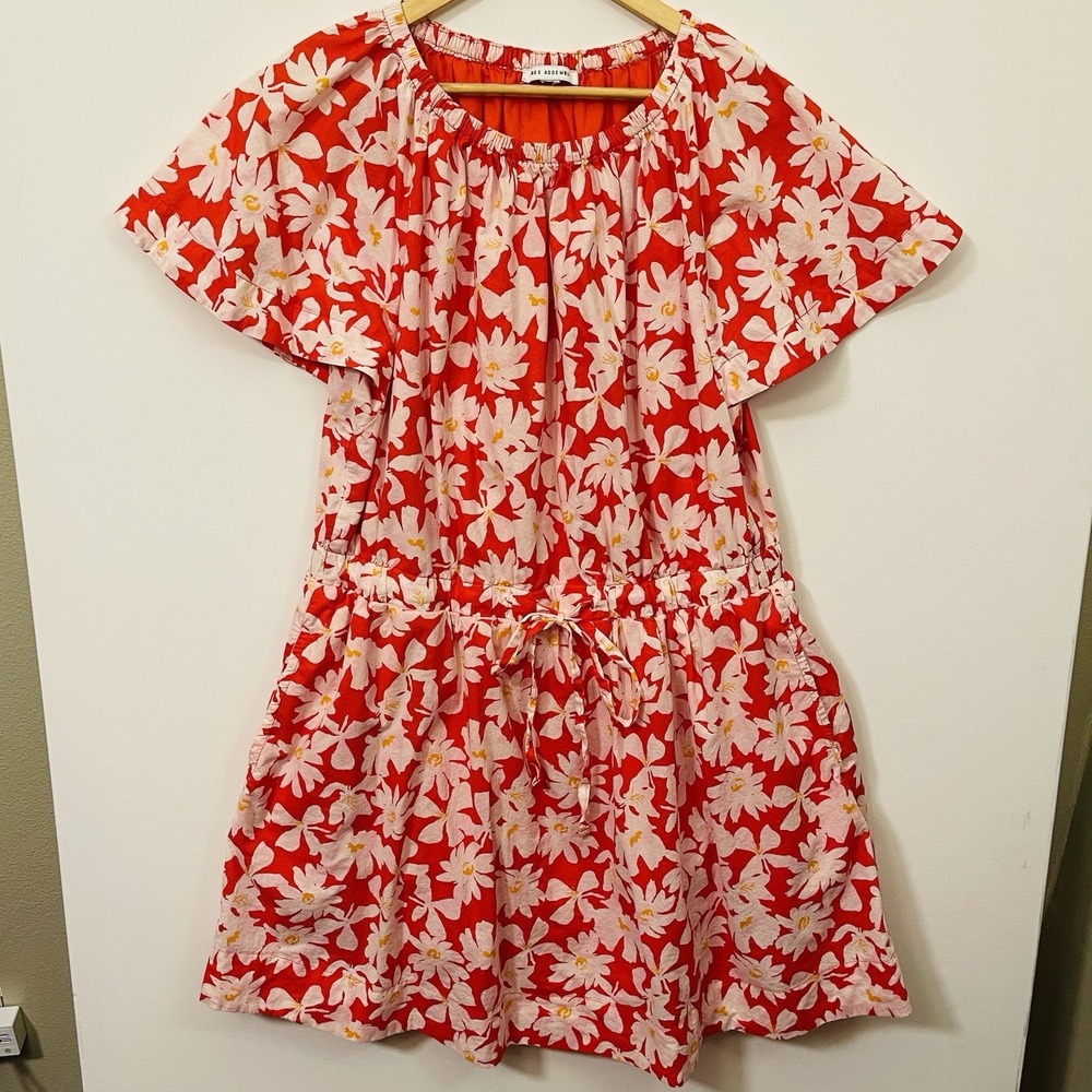 Free Assembly Floral Cotton Dress Red Flutter Sleeve White Stretch Waist Sz XXL